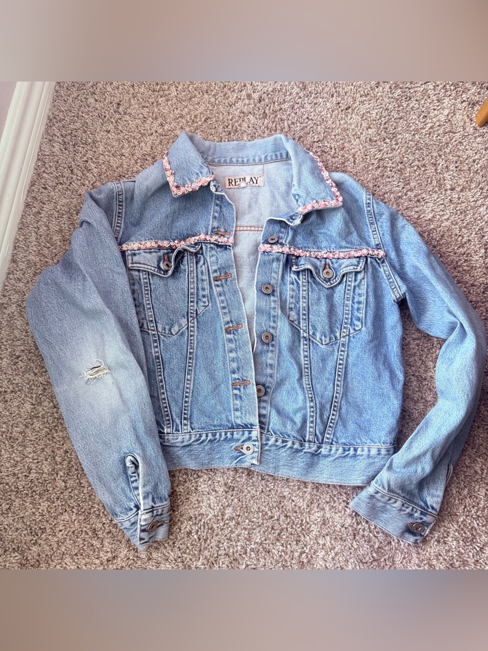 REPLAY Made in Italy Women’s XL Classic Denim Vintage Embellished Cropped Jacket